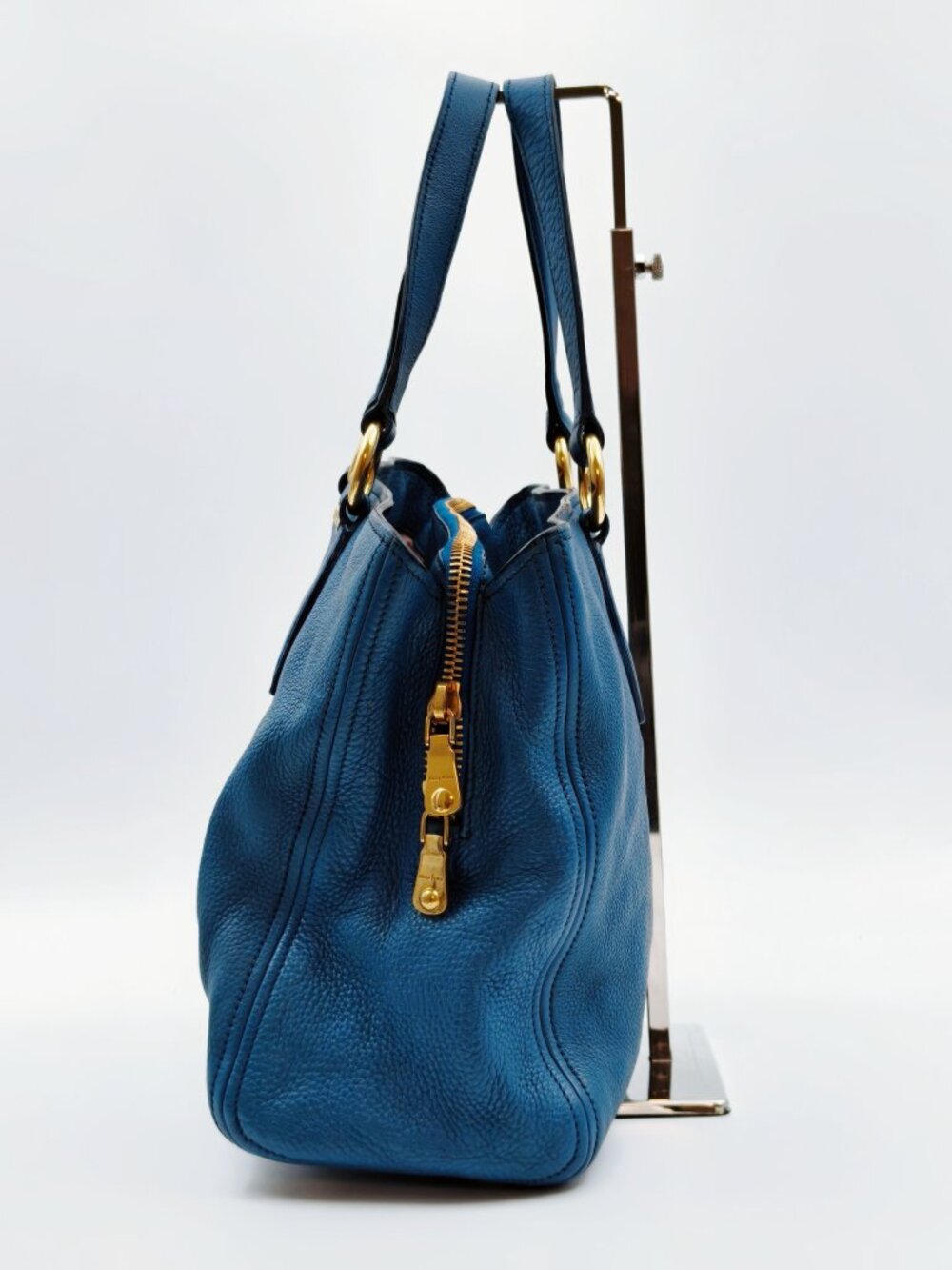 Miu Miu Blue Pebbled Leather Tote Shoulder Bag Gold Hardware - Picture 4 of 15